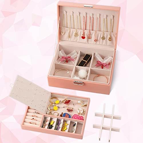JOYUE Jewellery Box for Women, Two Layer PU Leather Jewelry Storage Case, Jewellery Storage Boxes Display Holder with Key, Travel Jewellery Box Organiser for Rings Earrings Necklace Bracelets (Pink)