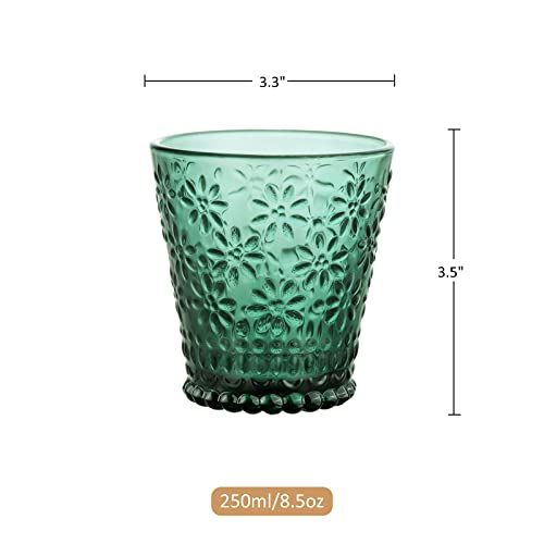 Joeyan Small Water Juice Glass Cups,Vintage Green Colored Drinking Glasses,Pretty Embossed Kitchen Glassware Set,Cute Floral Cup For Soda Lemonade Cocktail Wine,6 Pack,8.5 Oz,Dishwasher Safe #TOP6