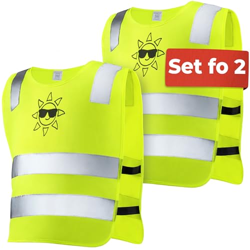 Kids High Visibility Reflective Vest Set of 2 Yellow – Universal Size 2-12 Years - Jacket for Safety and Visibility Stay Visible and Safe– Tested EN 1150:1999 Certification