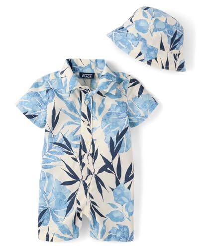 The Children's Place,Baby-Boys,and Newborn Woven Plaid Romper and Hat 2-Piece Set,Tropical Blue,12 Months,18 Months