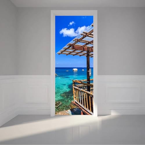 Tifege 3D Door Sticker Murals - DIY Decoration Poster Home Decor Wall Paper Wallpaper Art Removable Self Adhesive Thai Bamboo Shed Sea 30.3x78.7 DM073