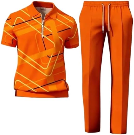 Men's casual printed sportswear set with quarter zipper shirt and pants two-piece set,