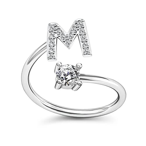 Initial Crystal Stylish Adjustable Letter A D J K M N P R S V Rings Starting Name With American Diamond Silver Plated For Valentine Gift To Girlfriend Or Girls and Women