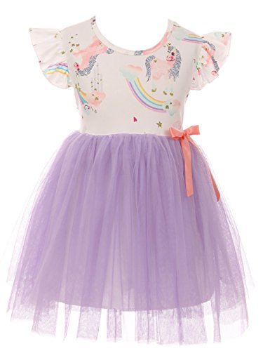 Big Girl Dress Kids Cap Sleeve Unicorn Mesh Summer Flower Girl Dress Purple 8 3XL (201296)