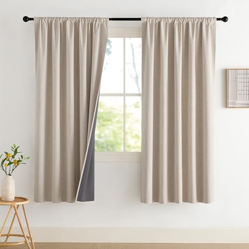 NICETOWN Linen 100% Blackout Curtains 63 inches Long 2 Panels, Rod Pocket Thermal Insulated Short Curtains for Cafe Bar, Living Room, Nursery, Farmhouse Decor, W42 x L63 in, Natural 42"W x 6