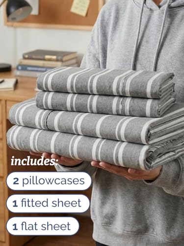 Image of Twin XL 4 Piece Sheet Set - College Dorm Room Essentials - Grey Stripes | Ultra Soft Dorm Bedding Set, 8 inch to 16 inch Inch Deep Pockets, 1 Flat & 1 Fitted Sheet & 2 Pillowcases, Wrinkle & Fade Free