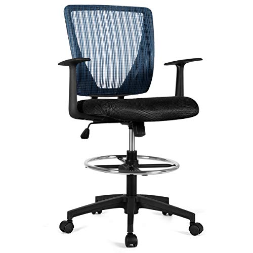 Giantex Mesh Drafting Chair with Footrest Ring, Adjustable Height and Lumbar Support Mid Back Swivel Rolling Executive Chair for Standing Desk, Home Sturdy Office Furniture (Black & Blue)