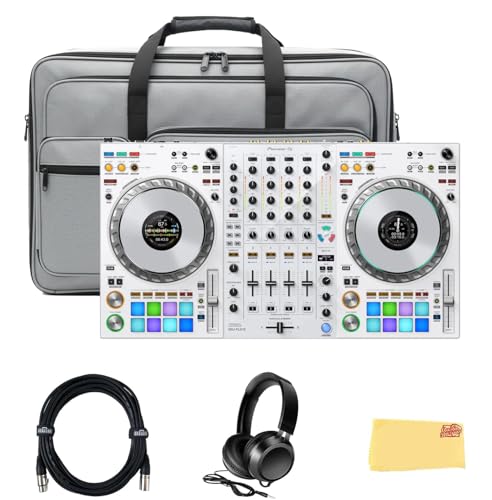Pioneer DJ DDJ FLX10 Limited Edition 4-Channel DJ Controller for rekordbox and Serato - White Bundle with Case, Gearlux Headphones, DMX Cable, and Austin Bazaar Polishing Cloth