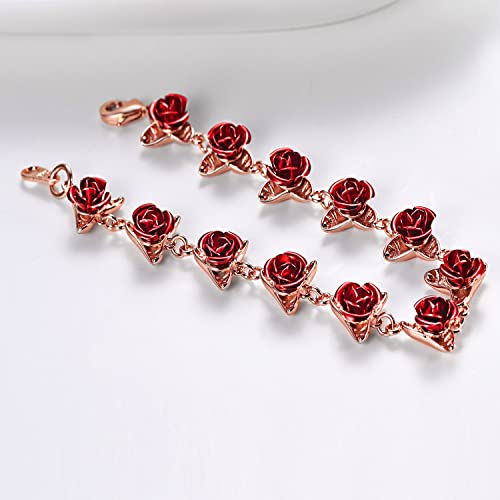 U7 Women Girls Cute Rose Gold Plated Link Red Rose Flower Charm Bracelets, Nature Garden Rose Jewelry Wedding/Party/Bridesmaid Mother's Day Gift #TOP3