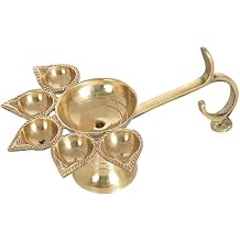 Brass Panch Diya for Puja Panch Aarti Lamp Pancharti Diya Oil Lamp Panchmukhi Aarti Deepak Oil Lamp Jyoti Puja Stand Temple Puja for Indian Traditional Festival Decor GoldSize-L6" W4" H2.5