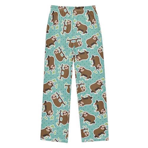 Cute Sloth Leaf Boys Long Pants Soft Trousers Elastic Waist Kids Lounge Bottoms with Pockets S-XL