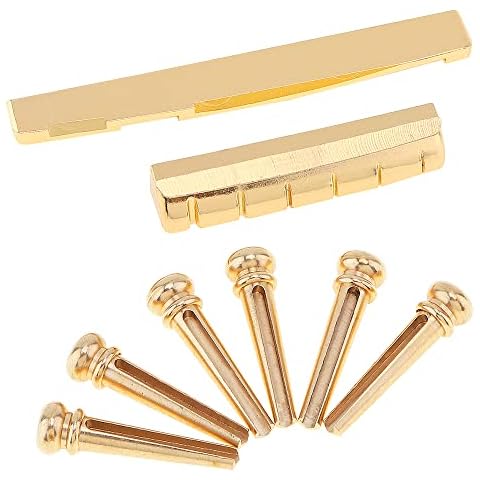 MuzcYM 6pcs Golden Brass Guitar Bridge Pins with Guitar Bridge Saddle Nut Set for 6 String Acoustic Guitar Replacement Parts Cover