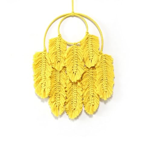 Tenture murale plumes macramé KnSam tapisserie tissée main jaune 55x45cm