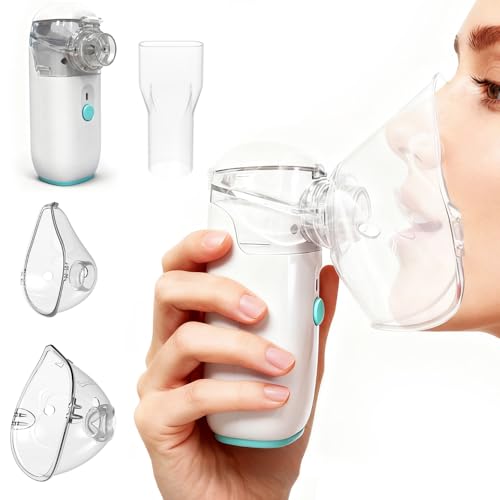 Nebulizador bebe & adultos, Nebulizador portatil para uso doméstico y de viaje con 2 mascarillas y boquilla, nebulizador niños y adultos con función de carga（Blanco）