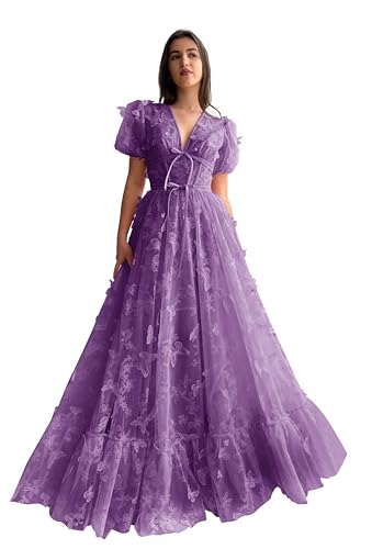 Tulle Prom Dresses Long 3D Butterfly Embroidery Evening Dress with Sleeves V Neck A Line Formal Wedding Party Gowns