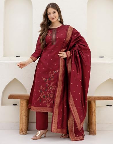 Image of Skylee Women's Silk Blend Woven Straight Kurta with Pant & Dupatta
