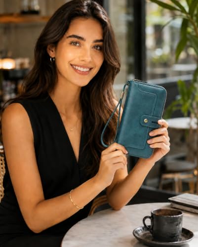 Image of Womens Wallet Rfid Blocking Bifold Leather Wristlet Cute Long Clutch Blue | Large Capacity Card Holder Wallet Purse with Zipper,ID Window,Strap for Female Ladies Teen Girls