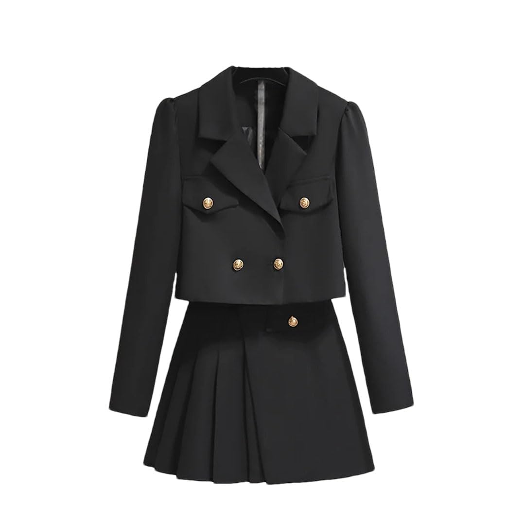 Womens Notched Metal Buttons Blazer Short Jacket Coat Mini Pleated Skirt Two Pieces Outfits