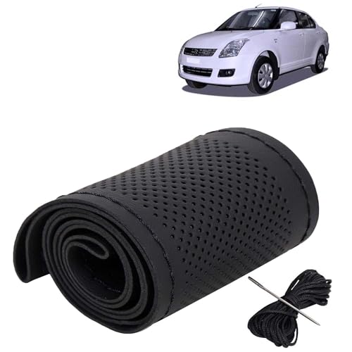 Image of KINGSWAY PU Leatherite Car Steering Cover Sewable Compatible with Maruti Suzuki Swift Dzire (Year 2008-2012), Black Color with Black Thread, Pack of 1 with Sewing Needle and Thread
