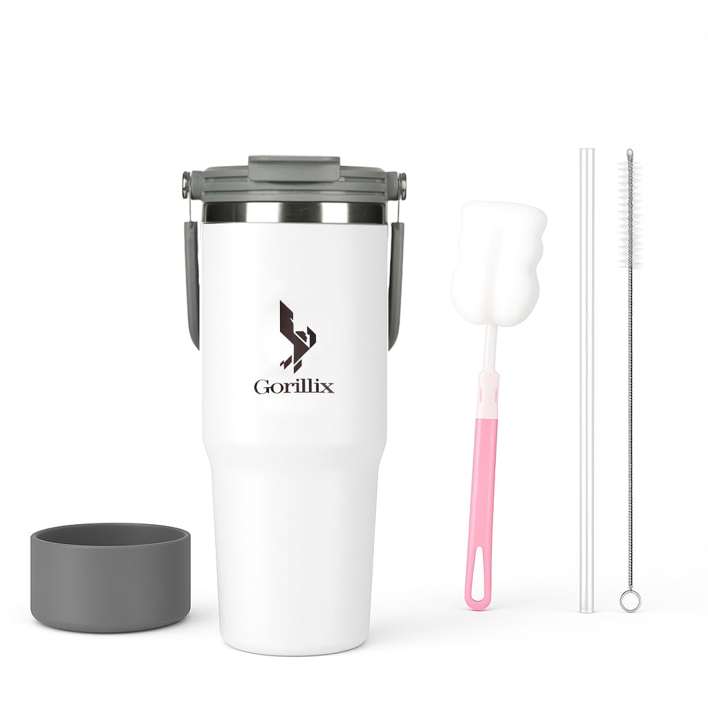 Gorillix 40oz Tumbler with Handle, Stainless Steel Vacuum Insulated Water Bottle, Double Wall, Leak-Proof, BPA-Free, Silicone Boot, Cleaning Brushes,