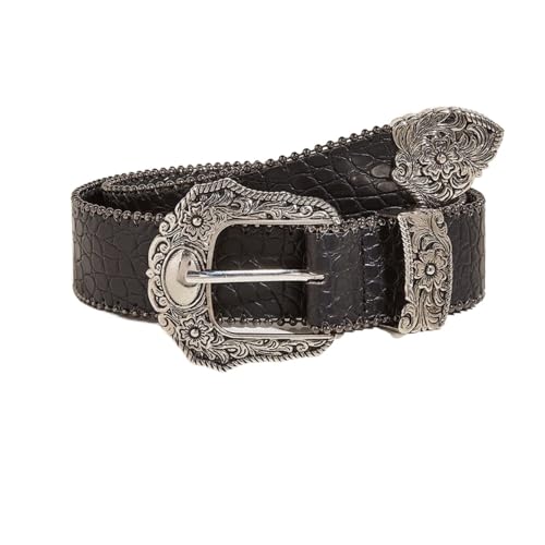 Women's Western Genuine Leather Belt Black Vintage Cowgirl Rhinestone Design