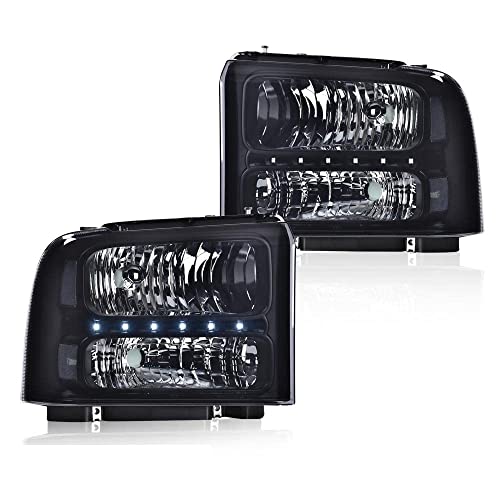 Image of GRAND ORANGE LED DRL Headlights Assembly, Compatible with 2005 2006 2007 Ford F250 F350 F450 F550 Super Duty bumper Headlamp, Amber Corner Headlight(Smoky lens Black Housing Clear Reflector)