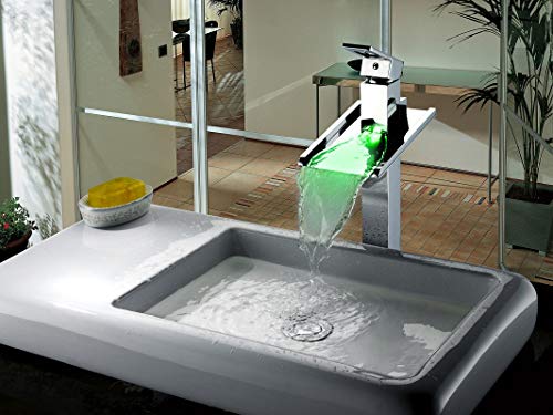 Featured Product Cascada Modern Stylish Single Handle Color Changing LED Faucet Waterfall Bathroom Automated Temperature Changing 3 Colors RGB (Chrome Finish) (HDD725H)