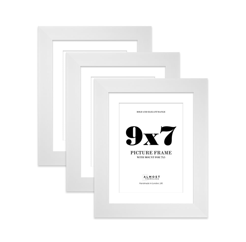 9x7" White Frame With Mount for 7x5" Pictures 28mm Edge Portrait and Landscape Display with Wall Hooks and Kickstand, 3 Pack