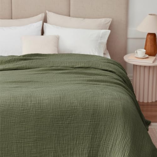 Image of 100% Cotton Muslin Blanket California King 120 inch x 90 inch, 6 Layers Breathable and Lightweight Oversized Blankets for Bed, Soft Cooling Gauze Blanket for Adults All Season, Olive Green