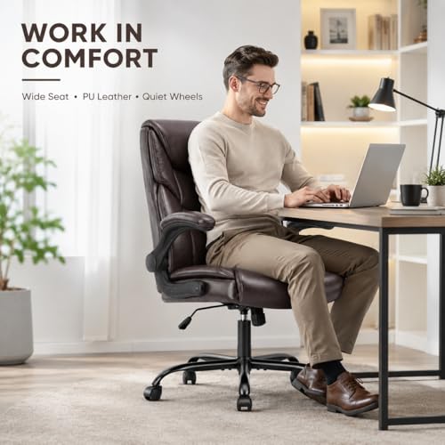 Image of Ergonomic PU Leather Office Chair - Executive Computer Desk Chair with Lumbar Support & Wide Seat, Adjustable Height Task Chair with 360 Swivel & Quiet Wheels for Home Office, Gaming, Brown