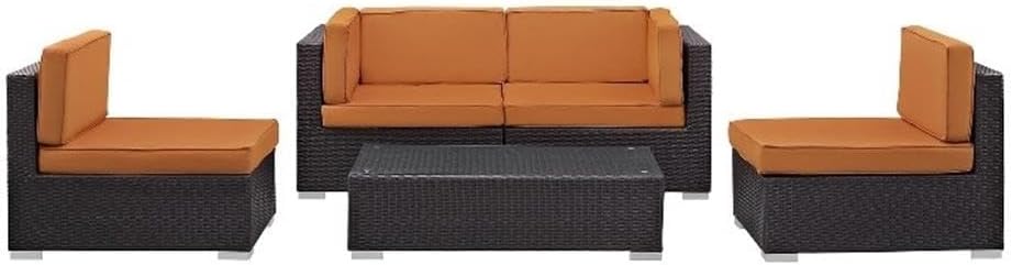 LexMod Camfora Outdoor Wicker Patio 5-Piece Sofa Set in Espresso with Orange Cushions