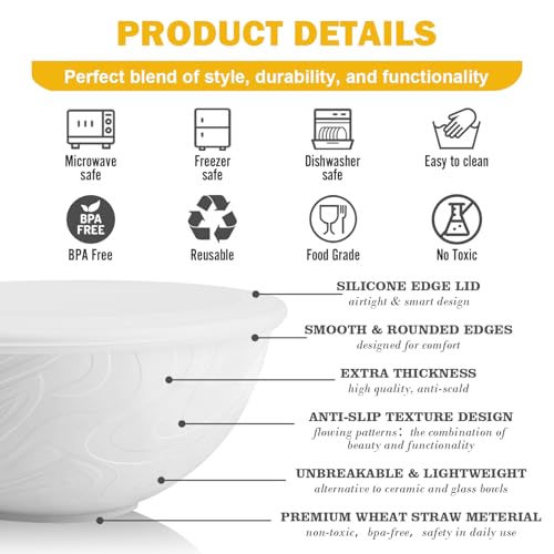 Image of Wheat Straw Bowls Set 40 OZ, Unbreakable Bowls with Dust-Proof Lids Set of 4, Microwave & Dishwasher Safe, Alternative Reusable Plastic Bowl for Cereal, Soup, Salad and Ramen, White