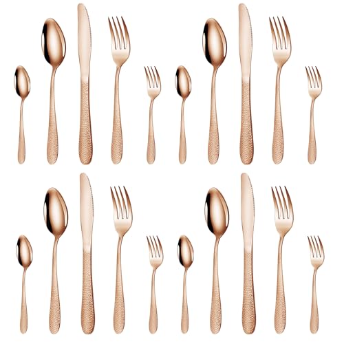 Image of aDai Hammered Rosegold Silverware Set | 20-Piece Premium Stainless Steel Flatware Set | Dishwasher Safe Cutlery Set for Home, Restaurant & Gifting