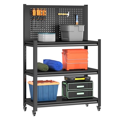 48" Adjustable Workbench with Pegboard,Heavy Duty Steel Work Bench with Lockable Wheels,Metal Rolling Work Table,3-Tier Metal Tool Storage Bench for Garage,Warehouse,Workshop, Home,Basement