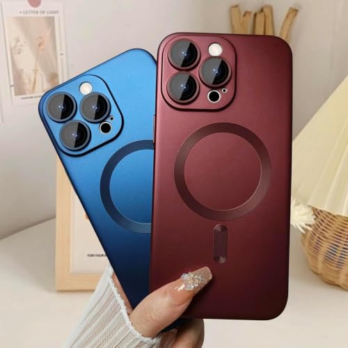 Image of DIZORO Magnetic Case for iPhone 14 Pro Max Cover [Compatible with MagSafe][Built-in Camera Lens Protector] Slim Soft Silicone Bumper Shockproof Metallic Luster Back Cover Phone Cases (Wine Red)