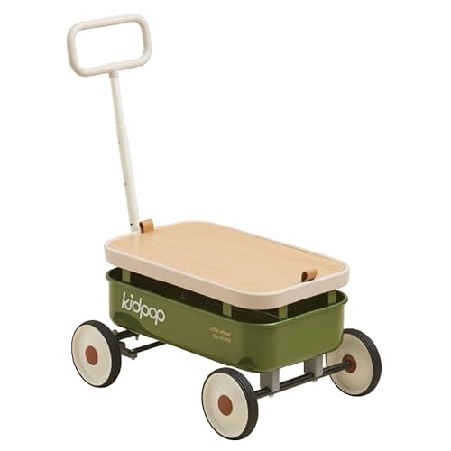 PULA-Wild 3-in-1 Kids' Pull-Along Wagon Toddlers Push Walker for 2.5-8, Removable Wooden Cover and Adjustable Handlebar, Birthday Gifts Max Weight 33 lbs (Green)