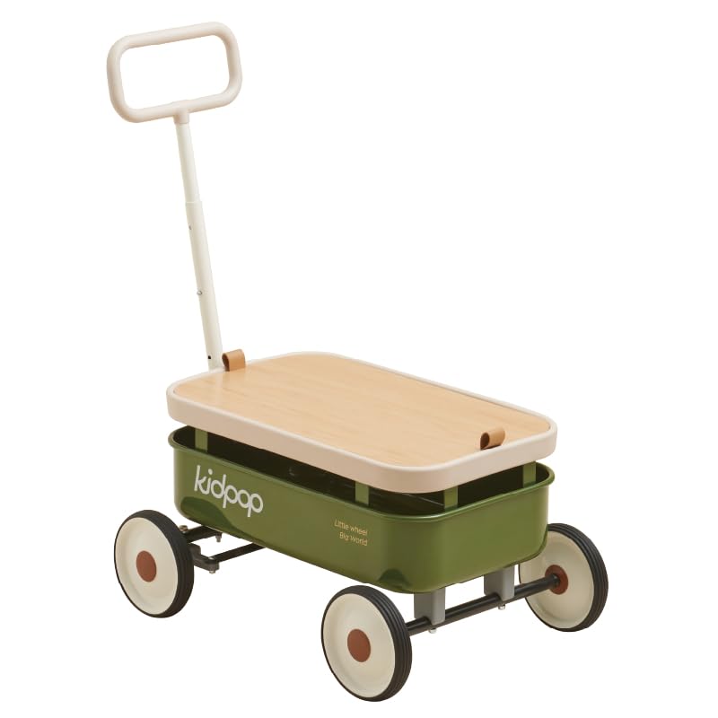 kidpop PULA-Wild 3-in-1 Kids' Pull-Along Wagon Toddlers Push Walker for 2.5-8, Removable Wooden Cover and Adjustable Handlebar, Birthday Gifts Max Weight 33 lbs (Green)