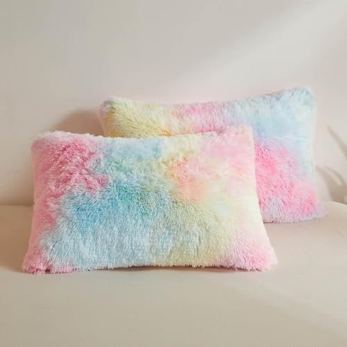 XeGe Rainbow Faux Fur Fluffy Throw Pillow Cases, Plush Shaggy Soft Furry Pillowcases, Tie Dye Velvet Fuzzy Decorative Pillow Covers for Bed Couch Teen Girl Zipper Closure, Set of 2(Standard, Rainbow)