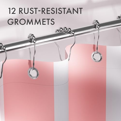 Image of AmazerBath Pink Vertical Stripes Shower Curtain, Cute Pink Stripe Bathroom Shower Curtain with 12 Shower Curtain Hooks, Rustic Fabric Pink and White, 72x72 Inches
