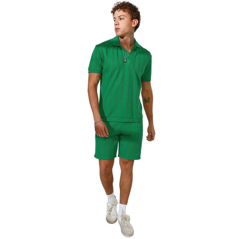 Image of CAHOOT Men's Shamrock Green Stripe-Knit Co-Ord Set For Casual Wear | Polo Neck | Short Sleeve | Pull On Closure | Co-Ords Crafted With Comfort Fit For Everyday Wear
