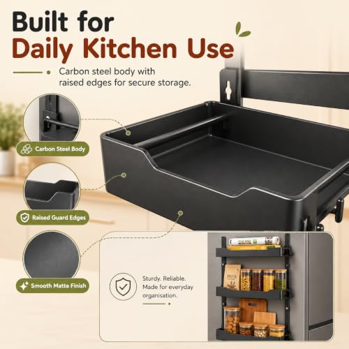 Image of Homero 3-Layer Carbon Steel Refrigerator Side Storage Rack | Self Adhesive Stick on Shelf for Kitchen & Pantry, Rust-Proof Durable Spice, Snacks and Jar Organizer with High Load Capacity