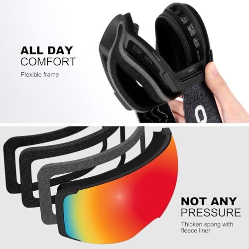 Odoland Magnetic Interchangeable Ski Goggles with 2 Lens, Large Spherical Frameless Snow Snowboard Goggles for Men Women, Black Frame Blaze Lens by Odoland - Used condition - Image 5