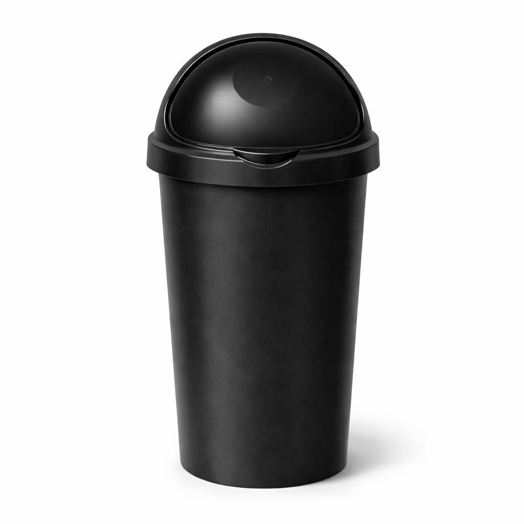 SPECTRAPLAST® 60L Bullet Bin Large Capacity Indoor & Outdoor Waste Bin – Heavy Duty Plastic Rubbish Bin with Flip Lid – Tall Black Base Dustbin for Kitchen, Office & Garden (BLACK)