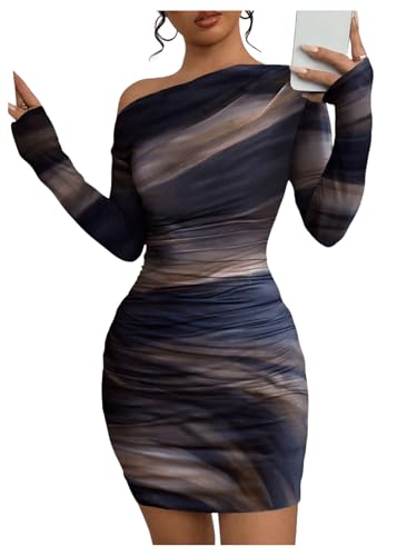 SOLY HUX Women's Sexy Off The Shoulder Bodycon Mini Dress Tie Dye Long Sleeve Ruched Asymmetrical Club Dresses