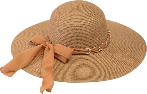 Dora Straw Hat, Headband with Gold Chain, Wide Brim - Dora Hat - B 22001, Camel, One Size
