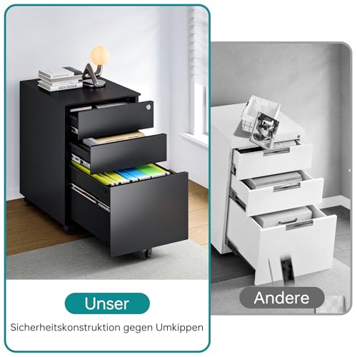 Sightlife Gabinete de Archivos Móvil con Cerradura y Cajones Mueble Archivador Cajonera de Oficina con 3 Cajones para Documentos de Oficina, Carpetas Suspendidas Almacenamiento 39 x 50 x 60 cm Negro - imagen 6