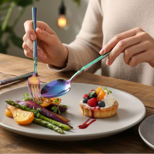 Image of Classic Rainbow 20 Pcs Stainless Steel Cutlery Set for Dining Table, Dishwasher Safe Glossy Flatware (Perfect Spoon Fork Set)