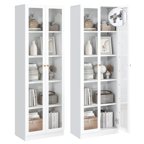 IRONMIX White Bookcase with Doors and Shelves, 5-Tier Tall Bookshelf with Storage Cabinet...