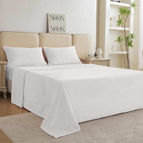 Image of Viviland Plush Micro Fleece Queen Bed Sheet Set - Soft Fuzzy Polar Fleece Velour Velvet Sheets - Extra Warm Winter Fleece Bed Sheets with Deep Pocket - White - Queen | Soft Flannel-like Fleece, 100% Polyester, Fluffy Velvety Feel, 200GSM, 15 inch Deep Pocket, Warm Winter Gift & Decor