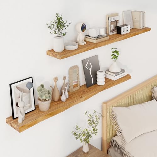 Image of Axeman 56 inch Floating Shelves for Wall Live Edge, Natural | 8 inch Deep Wall Shelf, Invisible Bracket, Large Long Shelves, Living Room, Bedroom, Kitchen, Bathroom